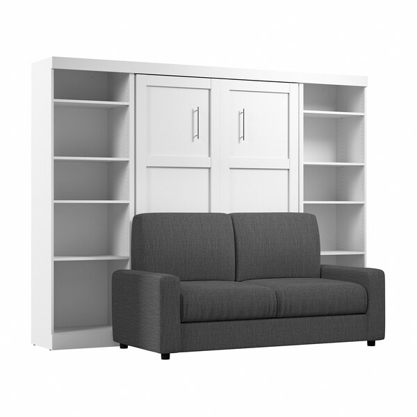 Bestar Pur Full Murphy Bed with Sofa and Shelving Units (109W) in White